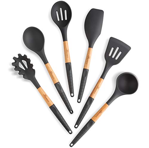 Silicone Cooking Utensils Set (6 pcs) Natural Wood Kitchen Utensils – Eco Friendly & BPA Free, Non Scratch & Non Stick Easy Grip Cooking Tools And Best Kitchen Gadgets Tools for Cookware - Image 3