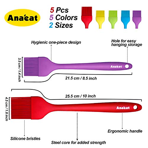 Anaeat High Heat Resistant Silicone Basting Pastry Brush Set of 5- Hygienic One Piece Design Spread Oil Butter for BBQ Grill Barbecue Baking Kitchen Cooking - BPA Free & Dishwasher Safe (10"+8") - Image 3