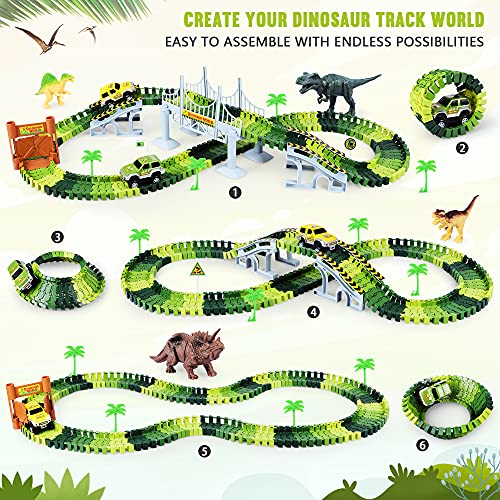Dinosaur Toys-187 Pcs Create A Dinosaur World Road Race-Flexible Track Playset & 2 Pcs Cool Dinosaur Car for 3 4 5 6 Year & Up Old Boy Girls Best Gift - Image 6