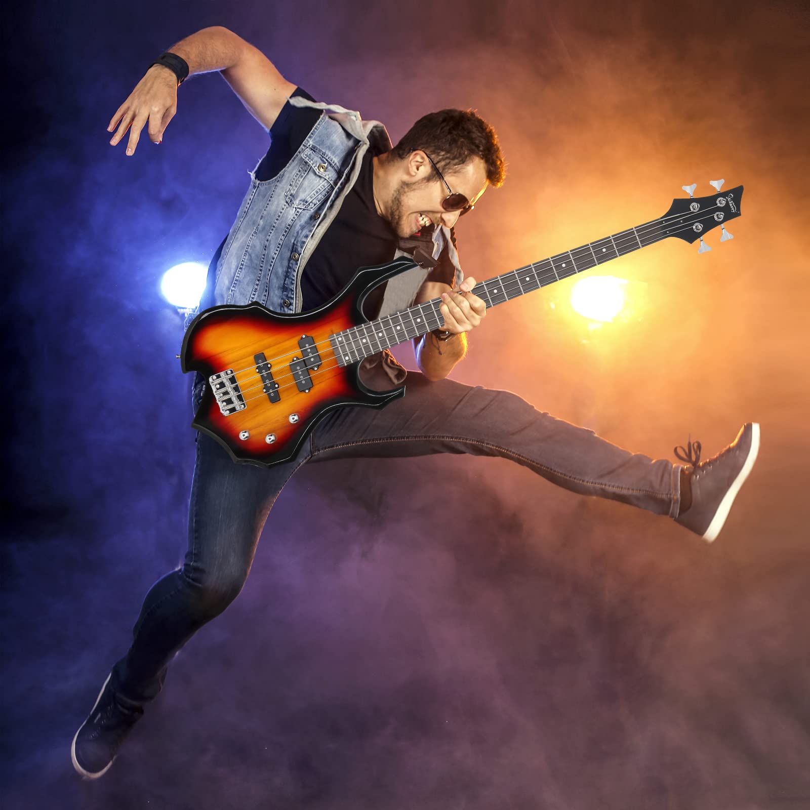 GLARRY Electric Bass Guitar 4 Strings Buring Fire Style Full Size for Beginner Right Hand with Bag, Strap and Accessories (Sunset) - Image 3