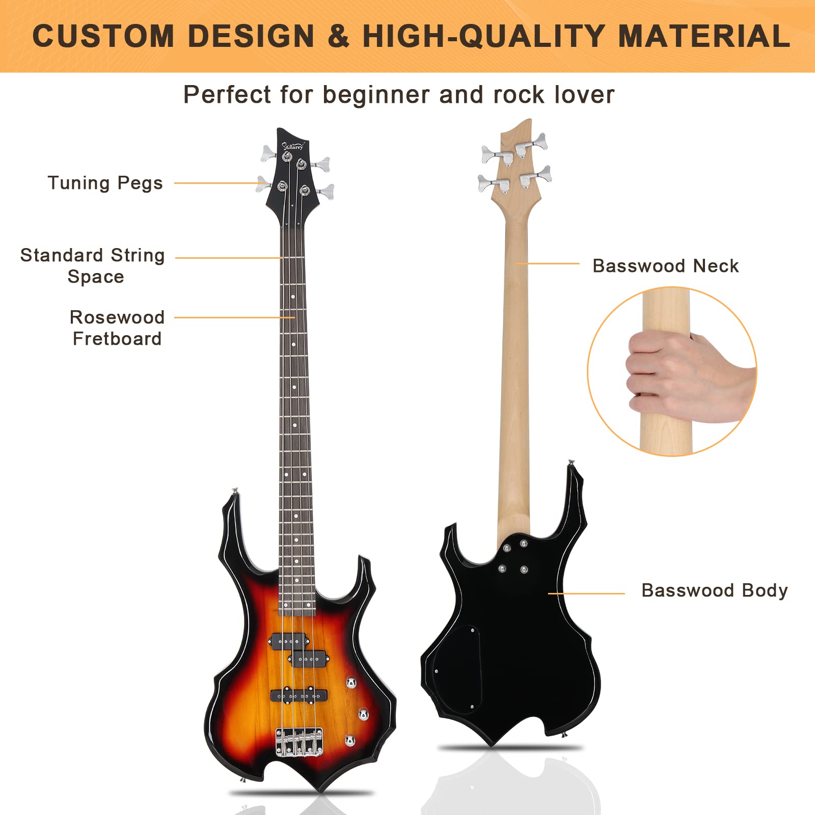 GLARRY Electric Bass Guitar 4 Strings Buring Fire Style Full Size for Beginner Right Hand with Bag, Strap and Accessories (Sunset) - Image 7